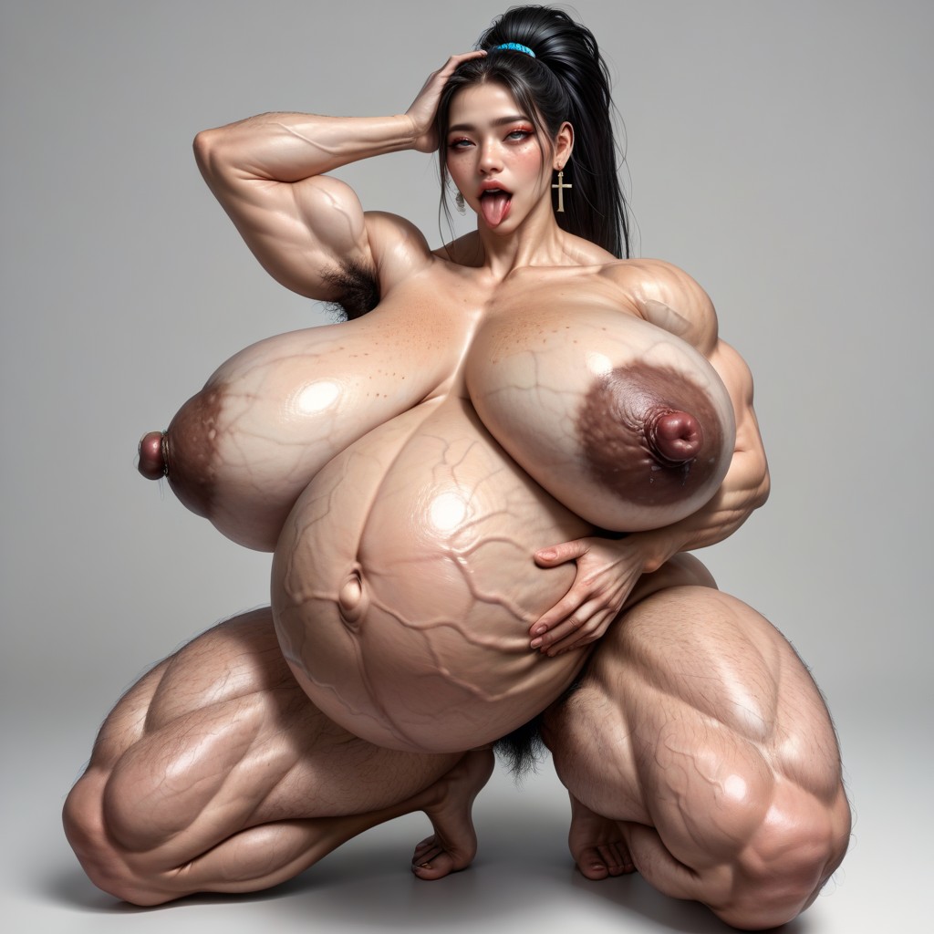Hyper Dense Bushy Hairy Groin, Colossal Veiny Boobs Sagging Down To Waist, 吐舌頭 AI國產黃片