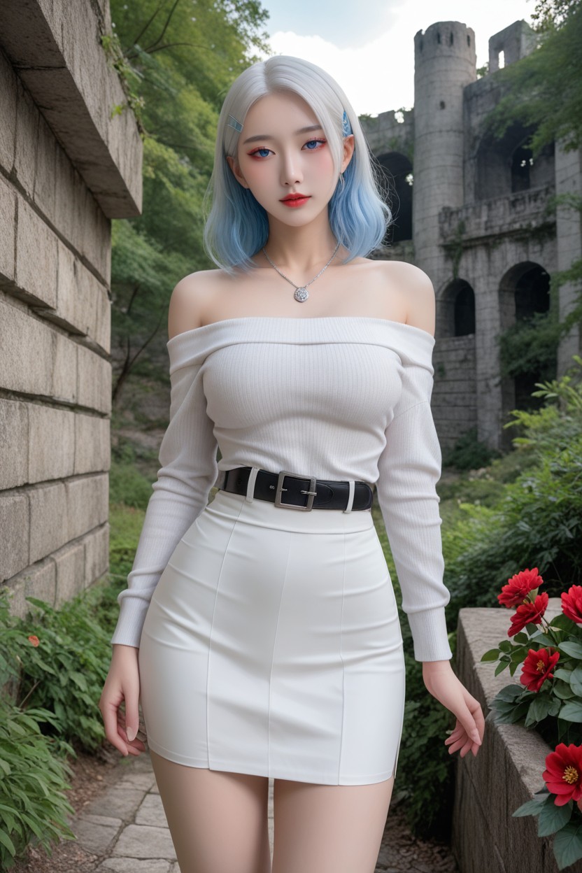 Lots Of Mossy Stone Ruins, Korean Idol Face, Silver Hairclip 아시아 AI 포르노