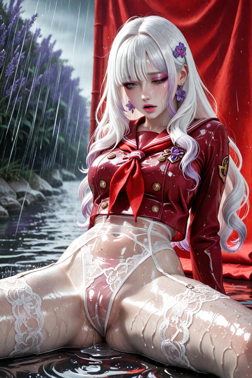 Red Standard Sailor Uniform Made Of Very Sheer Wet Nylon Lace Material, Very Smooth Skin, Moaning 아시아 AI 포르노