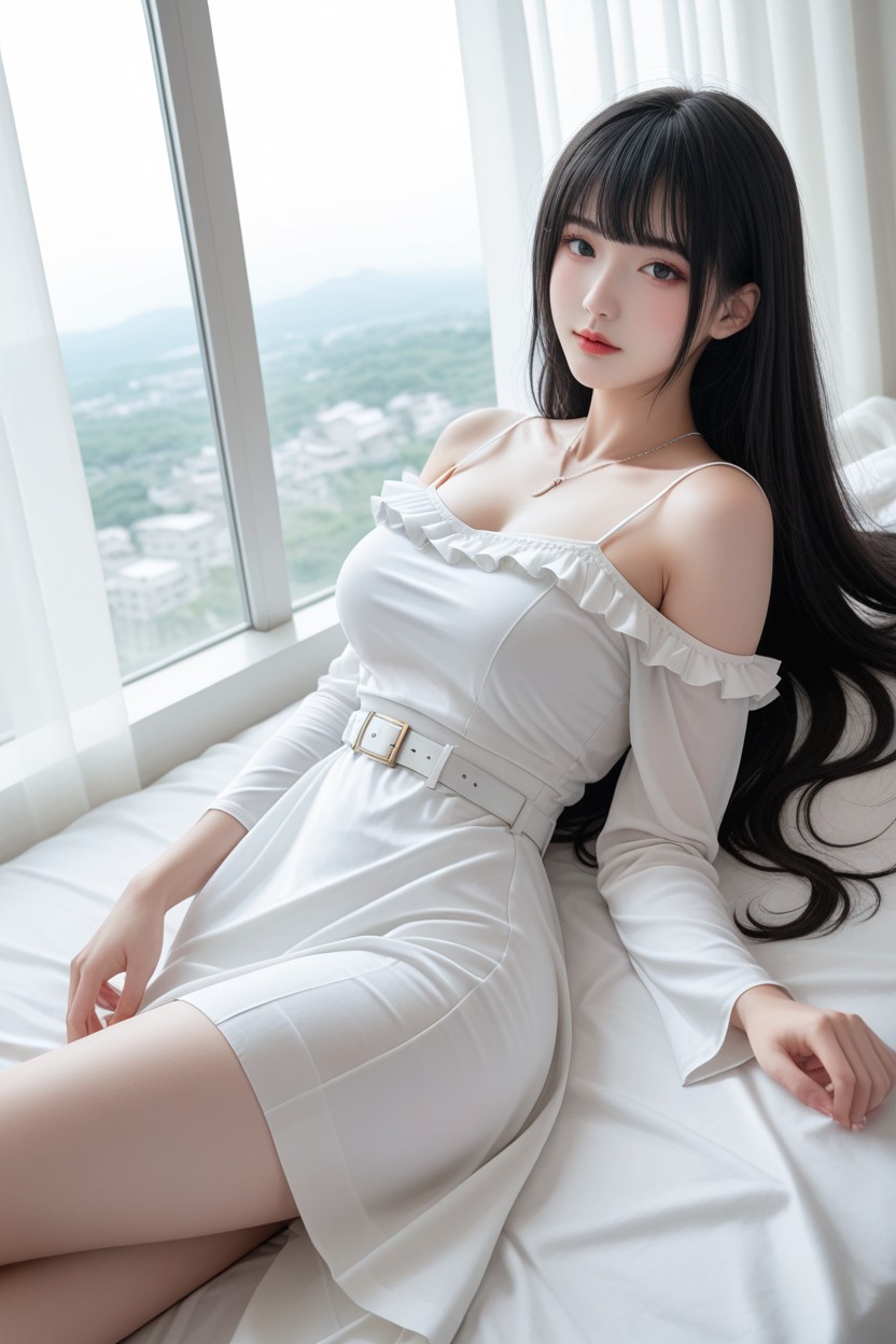 Silver Necklace, White Off-shoulder Ruffle Dress With Spaghetti Strap, 20+ Porno asiático IA