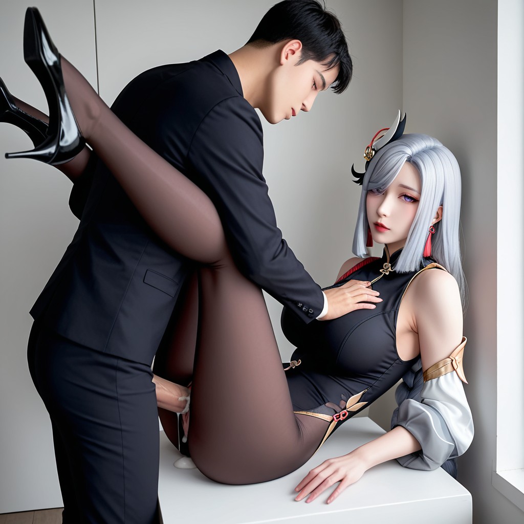 Korean Goddess, Kneel Raise, His Hand Hold Her Leg Asiatischer KI Porno