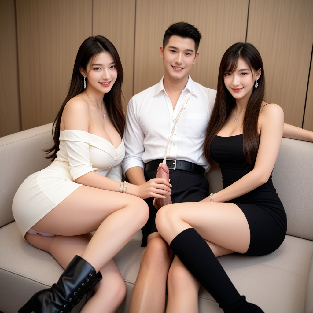 Naked Man Sits In The Middle, Cleavage, Earrings アジアのAIポルノ