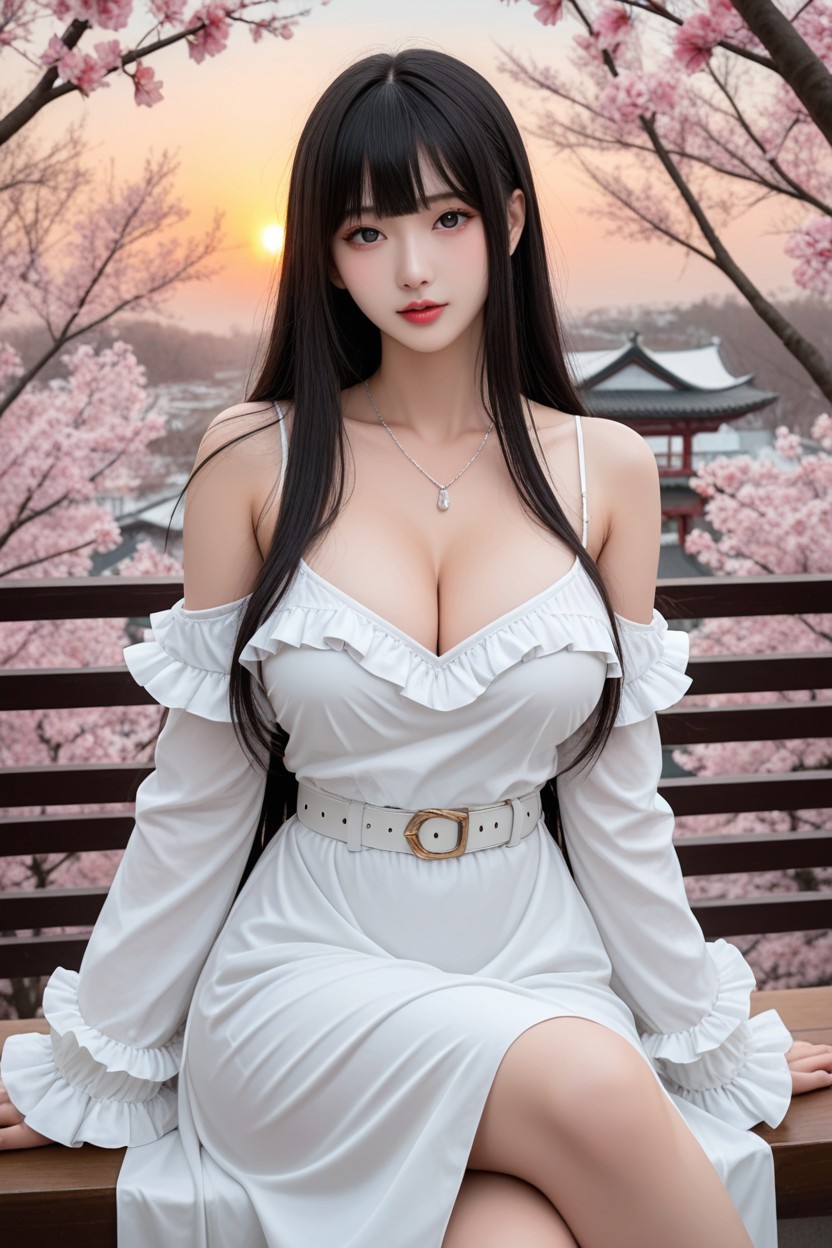 Reddish Sunrise Sky, Black Eyes, White Off-shoulder Ruffle Dress With Spaghetti Strap Porno asiático IA