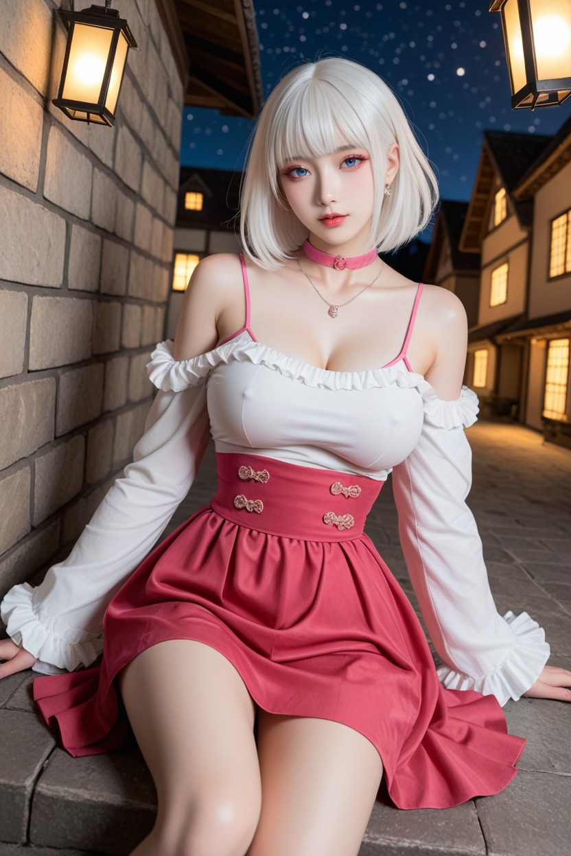 White Off-shoulder Ruffle Croptop With Spaghetti Strap Pulled Down, Breasts Exposed, Night Porno IA Asiatique