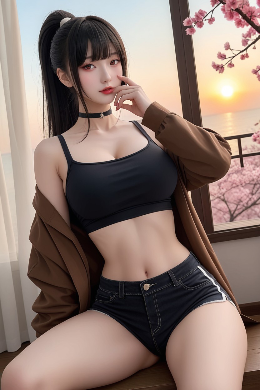 Black Hotpants, Black Hair, Albino Skin アジアのAIポルノ