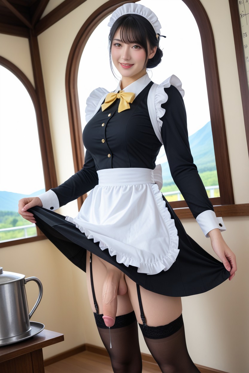 Yellow Bow, Detailed, Window With Lake And Mountain View Porno IA Asiatique