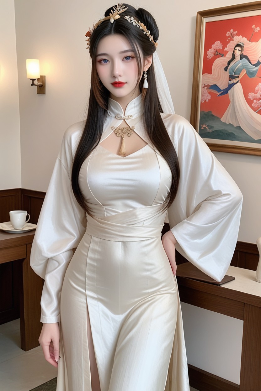 Flower Chinese Hair Pin, Red Lips, Side Slits From Waist Porno IA Asiatique