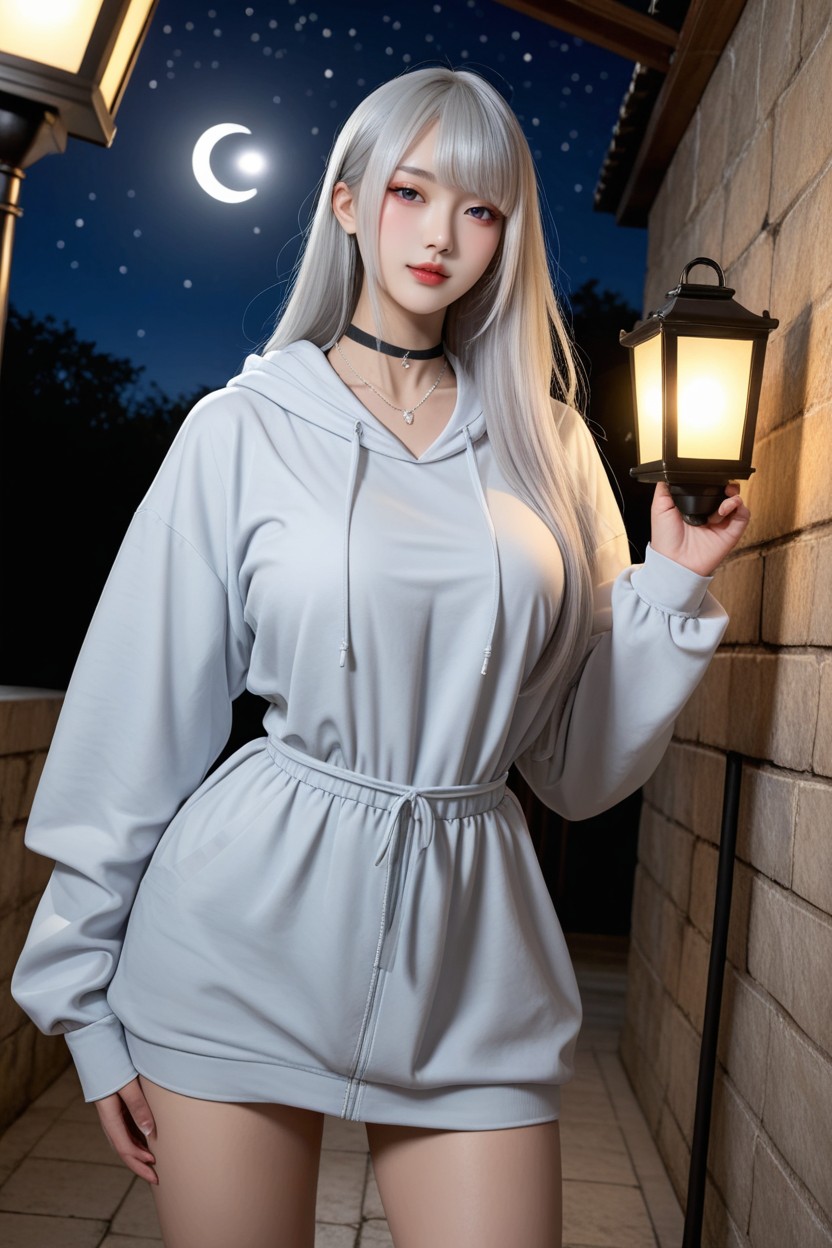 Korean Idol, Blue Oversized Hoodie, Wall Lantern Pornografia asiática com IA