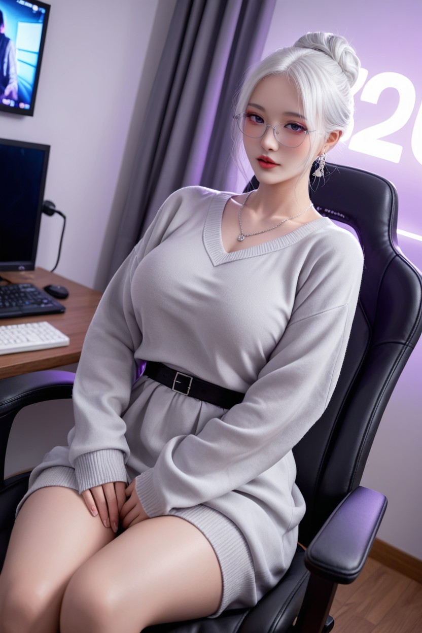 Dimly Lit Gaming Room With Purple Lighting, Very Korean Idol, Large Breast Porno IA Asiatique