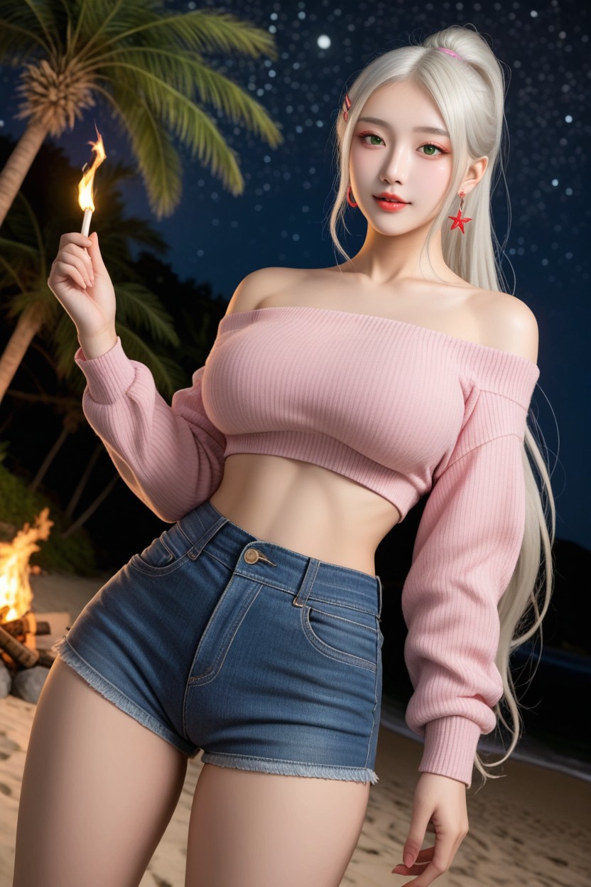 20+, Night Sky With Crescent Moon And Stars, Denim Hotpants Asian AI Porn