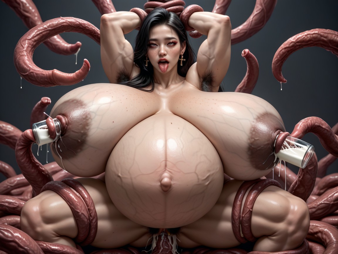 Pregnant Stomach Is Hyper Distended, Bushy Nipples, Pelo Negro Porno asiático IA