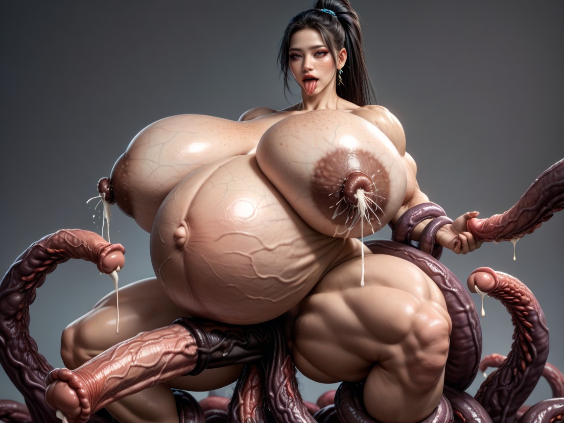 Huge Thick Muscle Arms, Extremely Heavy Droopy Breasts, White Oil Skin Porno IA Asiatique