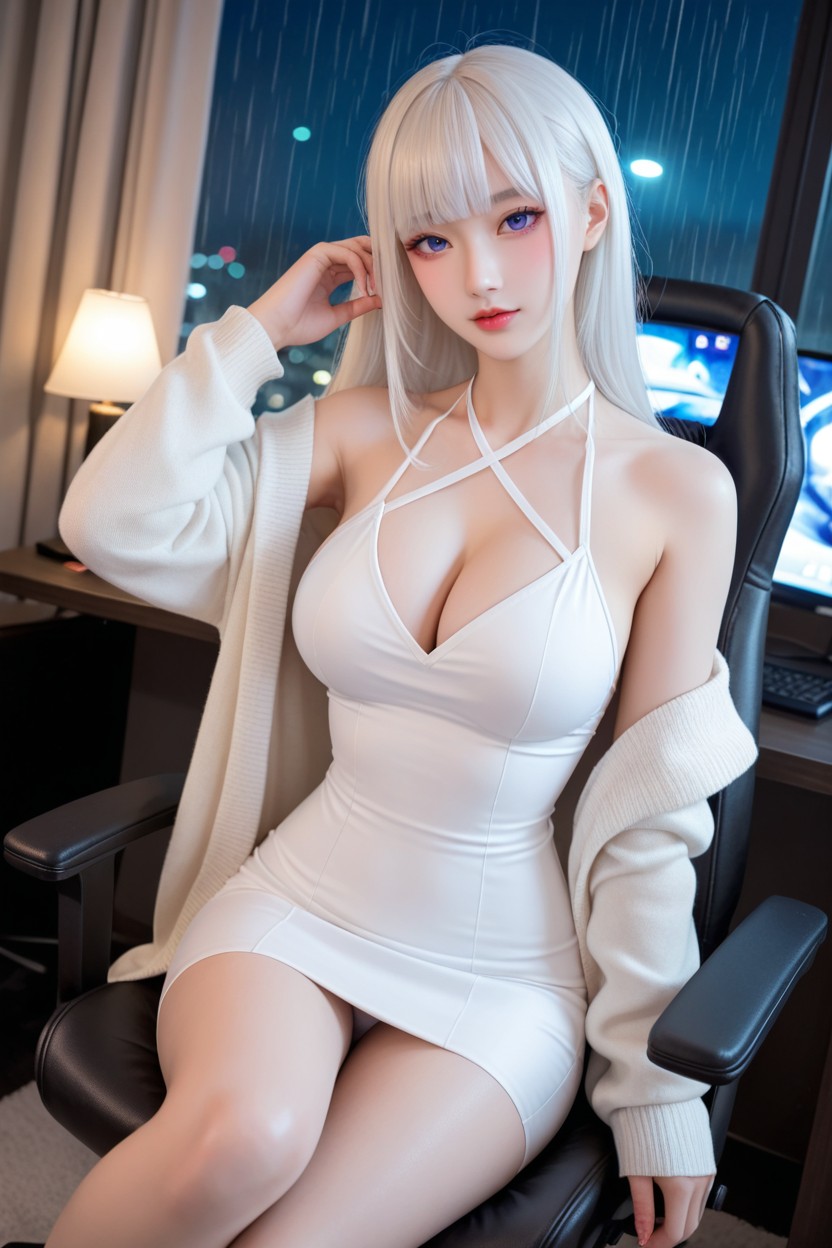 White Skin, Extremely Perfect Hip, Dimly Lit Gaming Room Purple Lighting Porno IA Asiatique