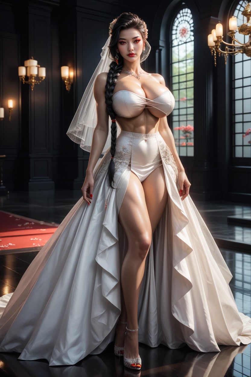 Flowers, Big Hips, Fit And Flare Wedding Dress アジアのAIポルノ