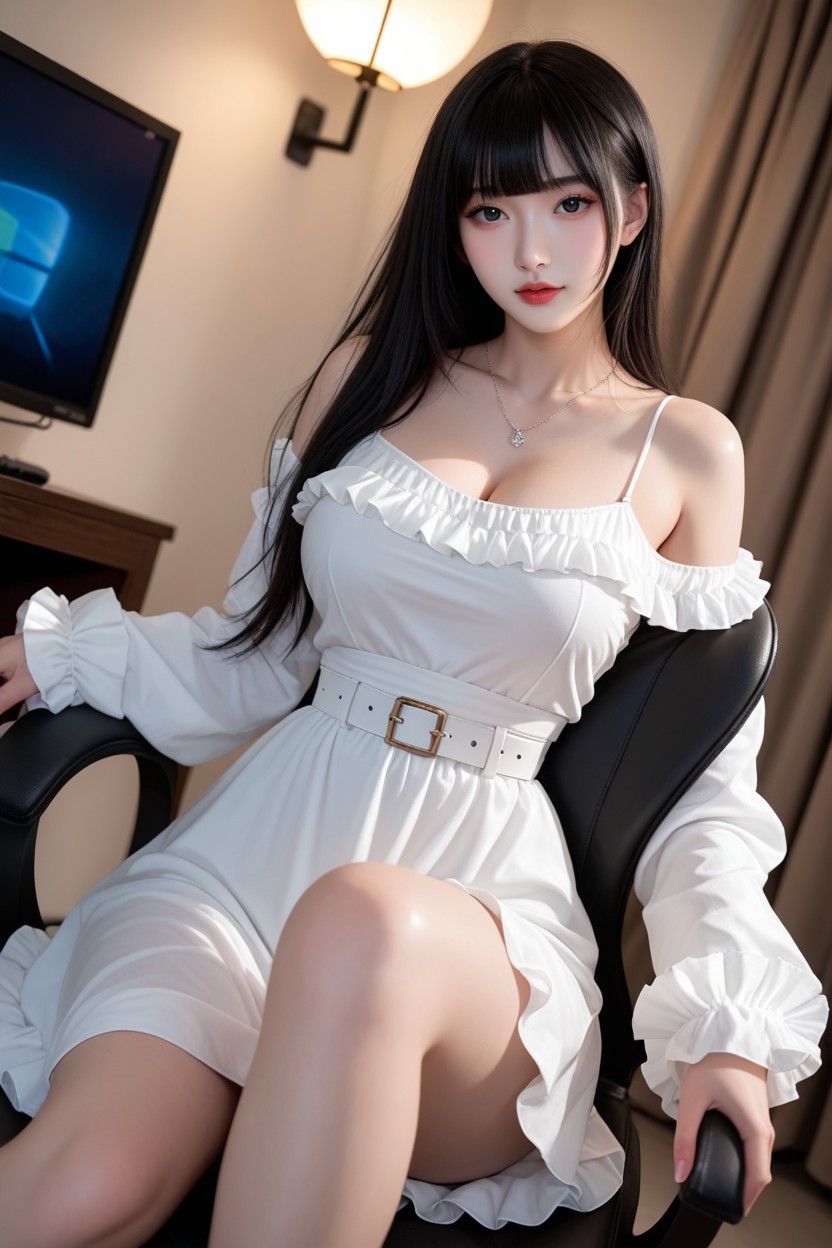 Perfect Curvy Body, Large Breast, White Gaming Chair Porno IA Asiatique