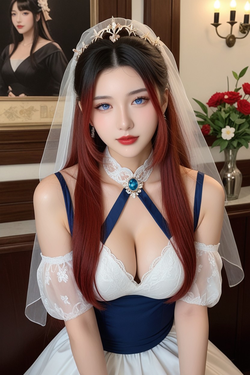 Elegant Makeup, Elegant White Jacquard Dress, Средняя Задница Азиатское AI порно
