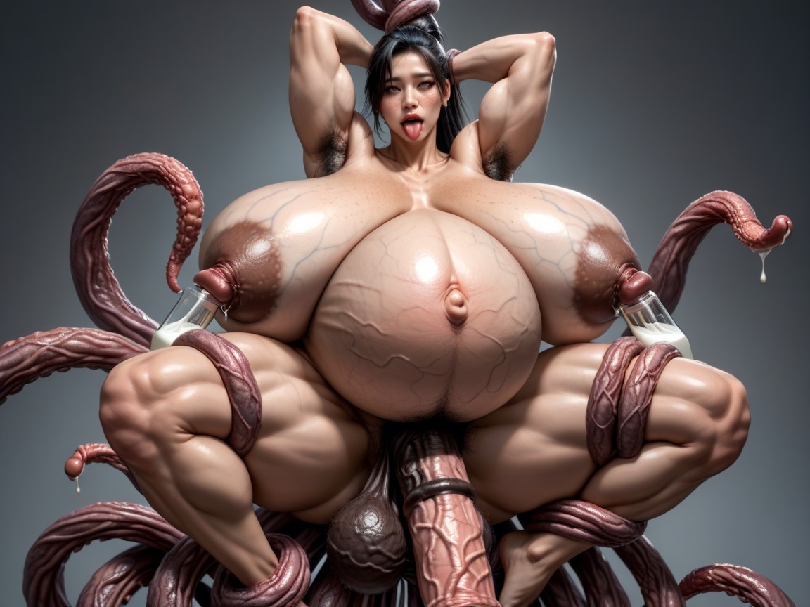 Huge Thick Muscle Arms, Black Color Ponytail Hair, Tentacles Extract Breast Milk AI國產黃片