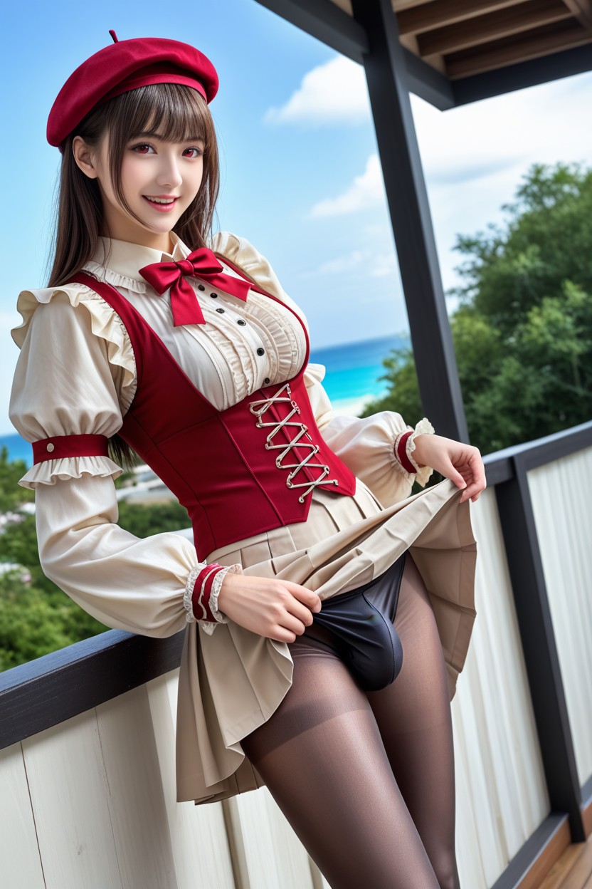 In Outdoor Cafe, Detailed, Wearing Black Velvet Corset 아시아 AI 포르노