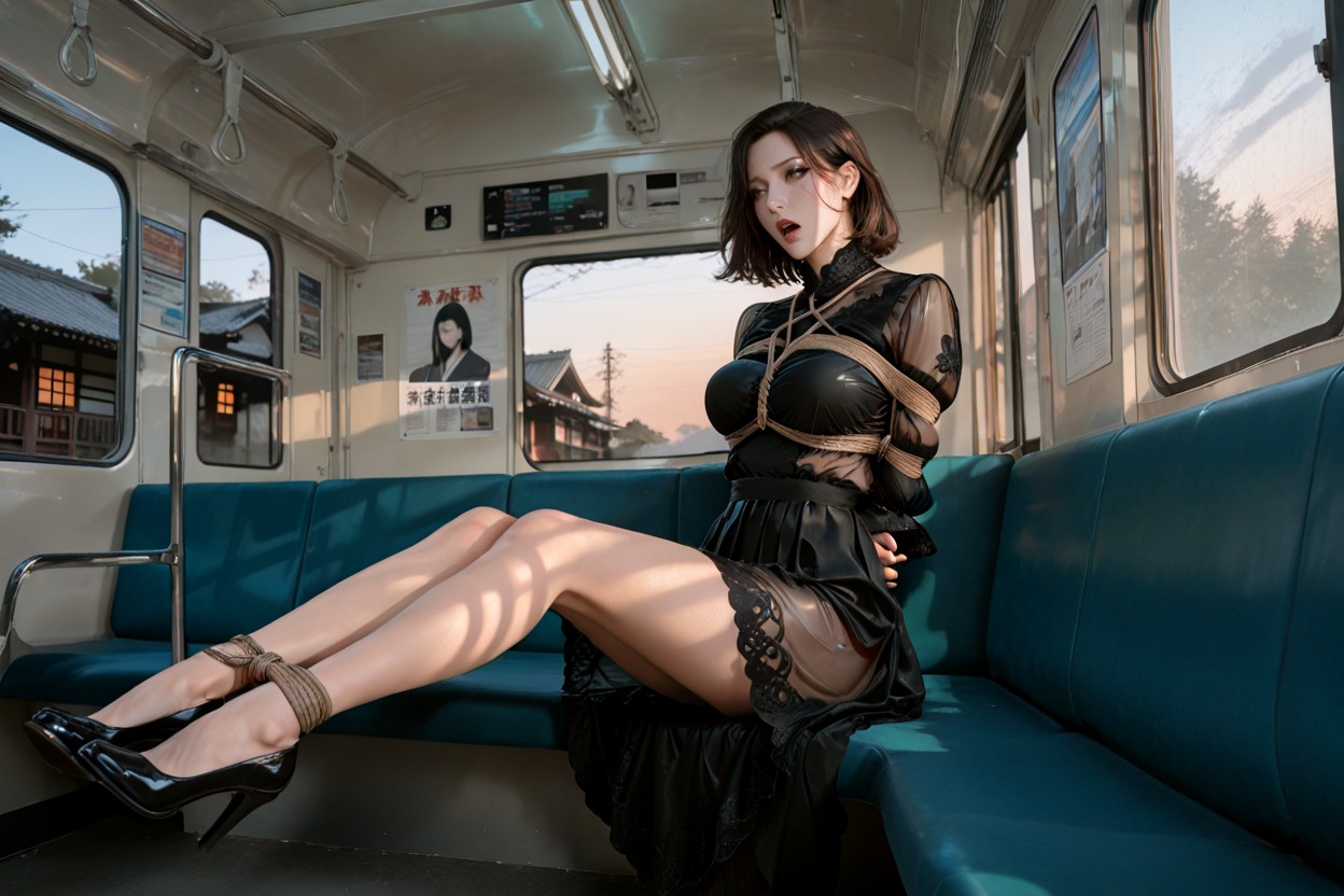 Bus, Which Clings To Her Skin And Reveals The Luminescent Glow Of Her Body Beneath Her Face Is Adorned With Muted And Melancholic Elegant Makeup, Choqué Porno IA Asiatique