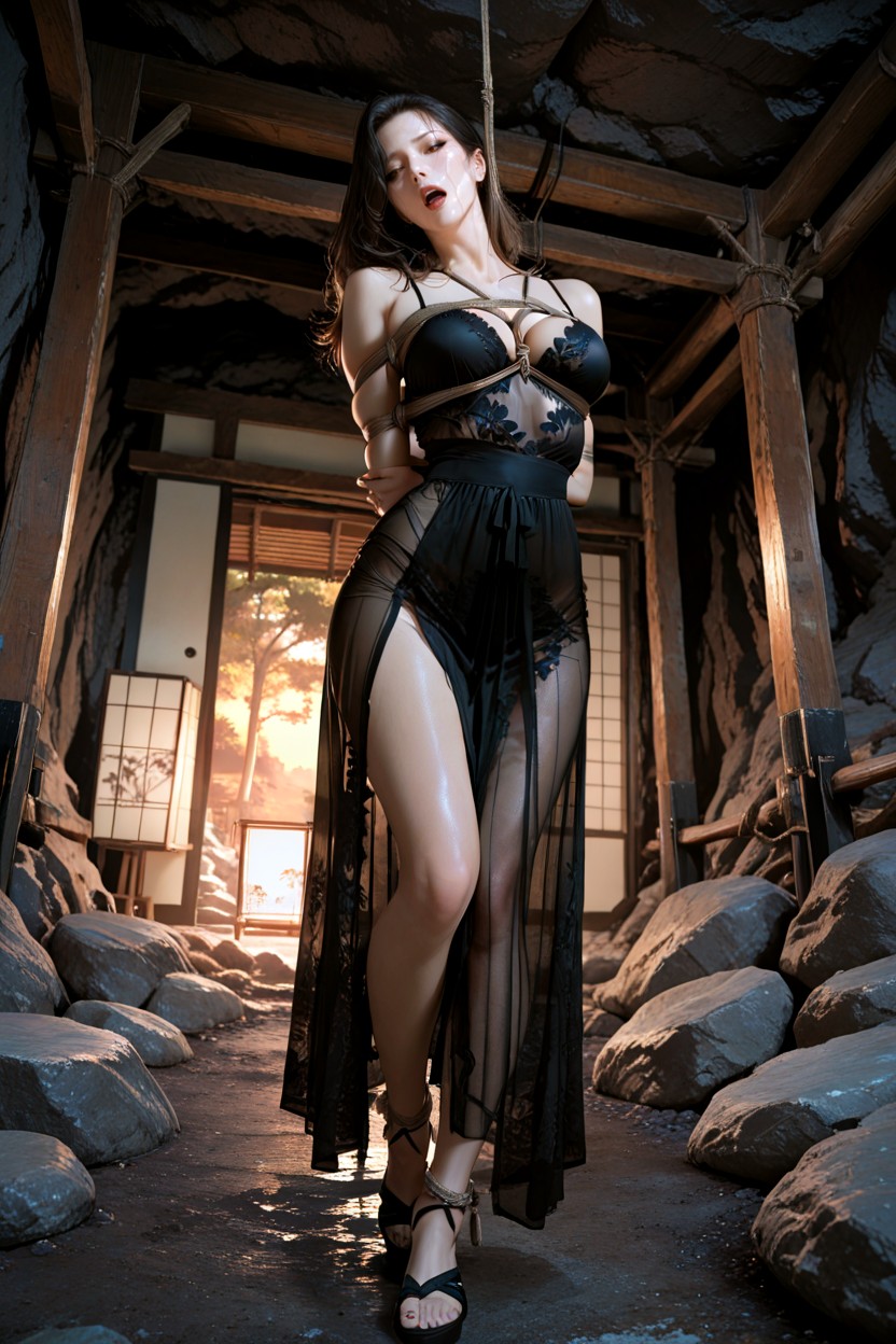 동굴, 갈색, Utilizing A Complex Hybrid Of Natural Jute Hemp Ropes That Blend The Ushiro Takatekote Style With A Rigid Diamond Pattern Weave Her Arms Are Firmly Secured Behind Her Back 아시아 AI 포르노