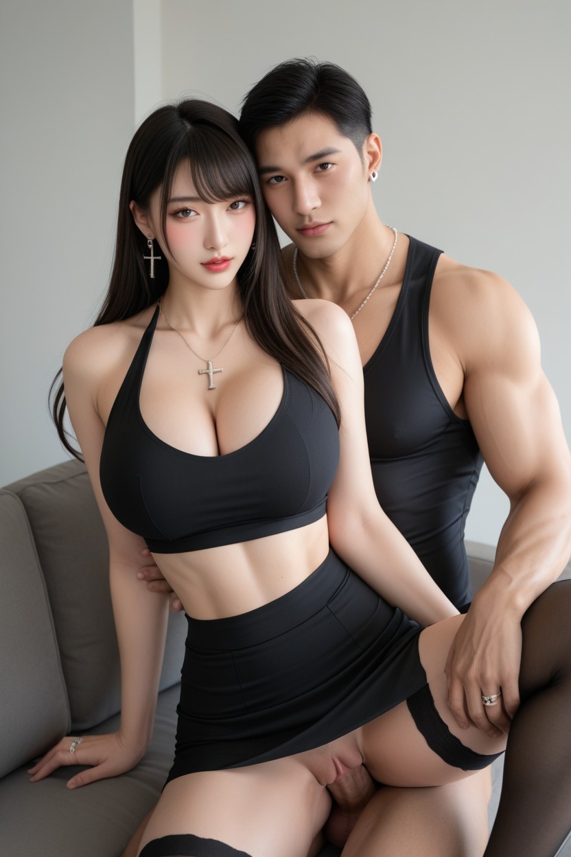 Korean Idol Face, Tight Clothing, Long Wavy Black Hair Asian AI Porn