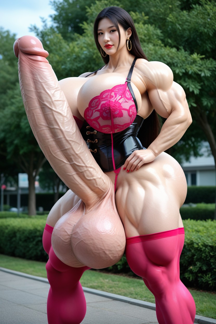 Super Huge Muscles, Pink Shiny Stockings,pink Balls Bra, Gigantic Muscles Porno IA Asiatique