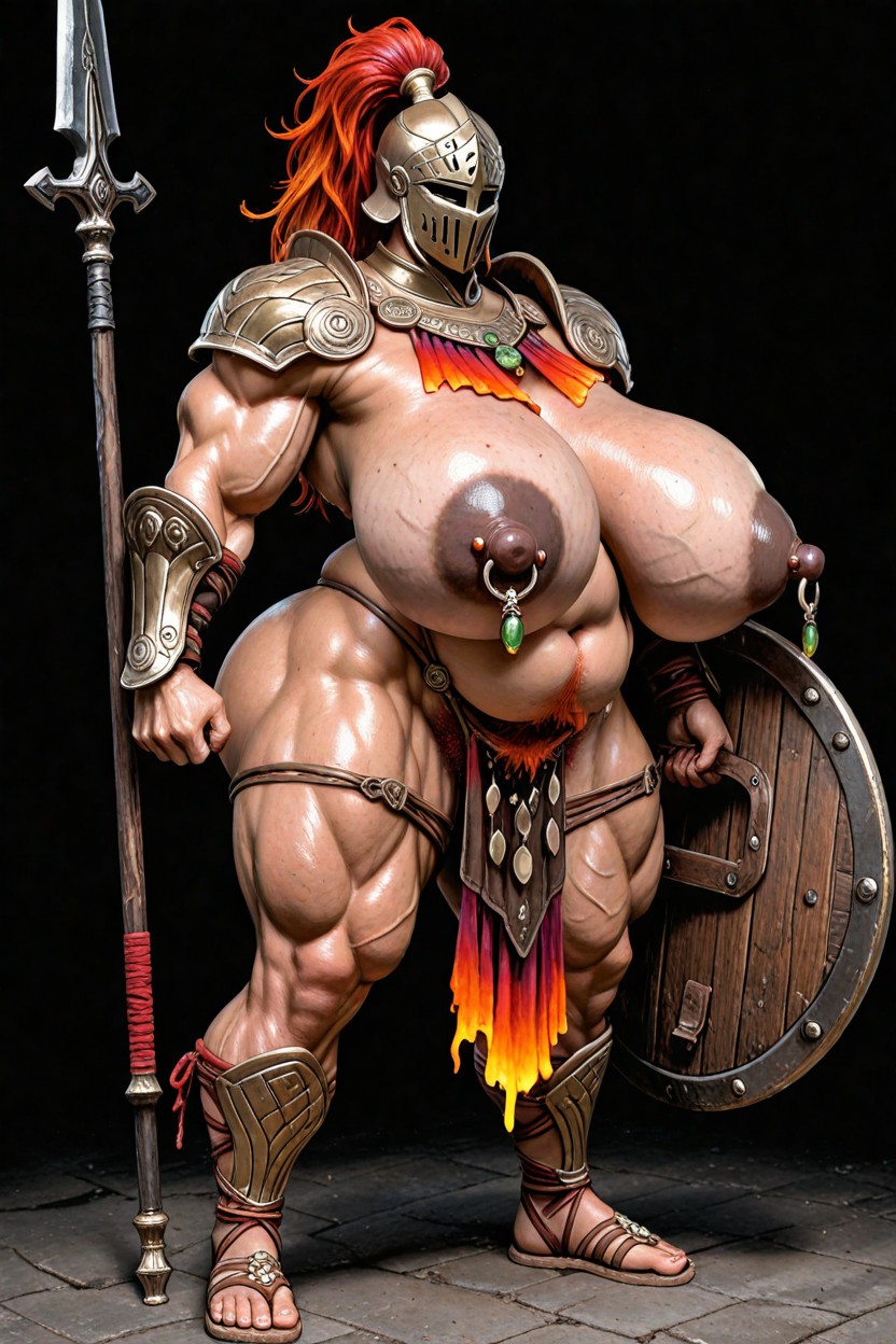 Hyper Large Muscles, Sharp Xiphos Sword Hanging At Waist, Enlarged Nipples,gigantic Areolas Porno IA Asiatique