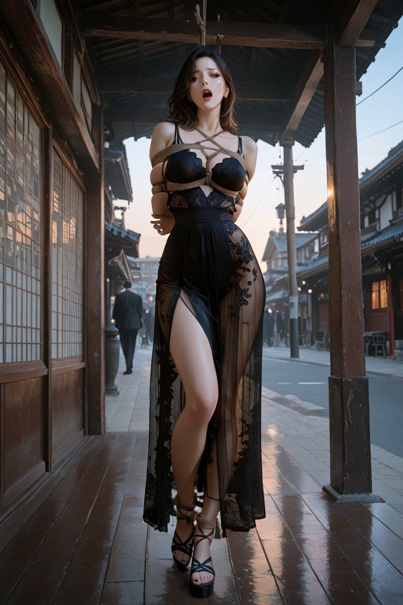 Featuring Dark Cedar Beams, She Is Bound In Extremely Tight Sophisticated Shibari, High-contrast Editorial Shot Of A Hauntingly Elegant Japanese Widow Porno IA Asiatique