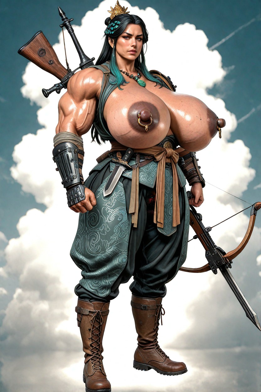 Heavy Iron Crossbow Strapped On Thigh, Carved Jade Hair Crown Inlaid With Turquoise, Sharp Combat Dagger Tucked In Waist Silk Sash Porno IA Asiatique