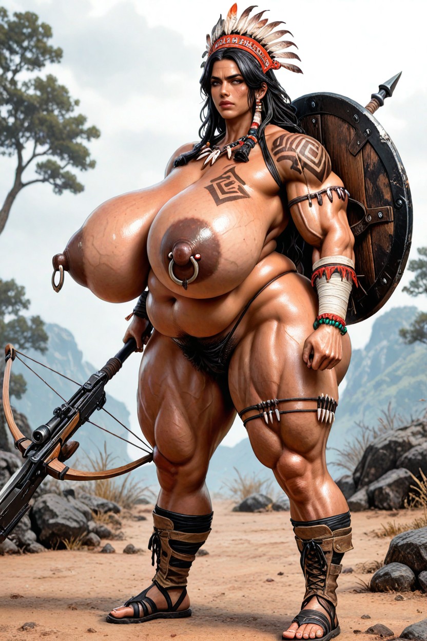 Multi-feather Tribal Military Headdress, Enlarged Nipples,gigantic Areolas, Gigantic Ass Porno IA Asiatique