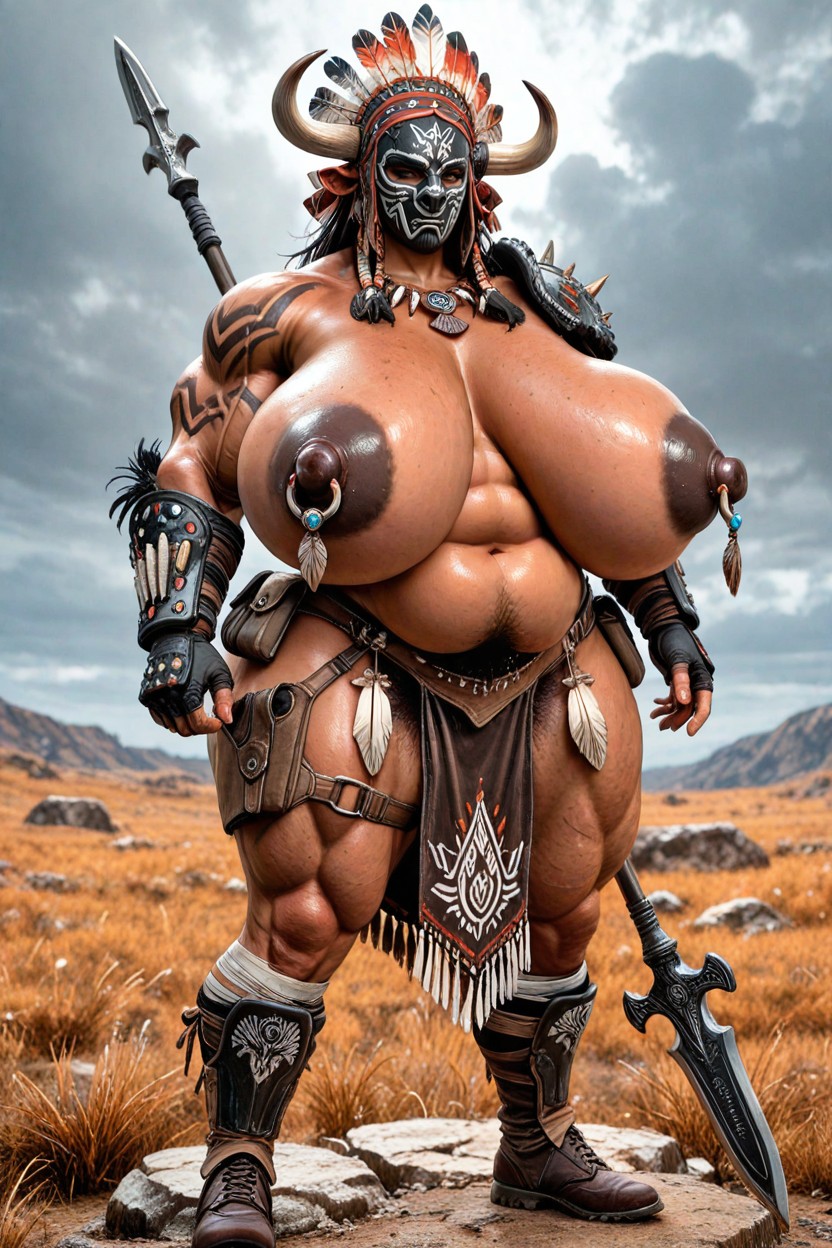 Layered Premium Buffalo Hide Royal Battle Garment, Rawhide Wrapped Forearm Guards, Extremely Saggy Tits Asian AI Porn