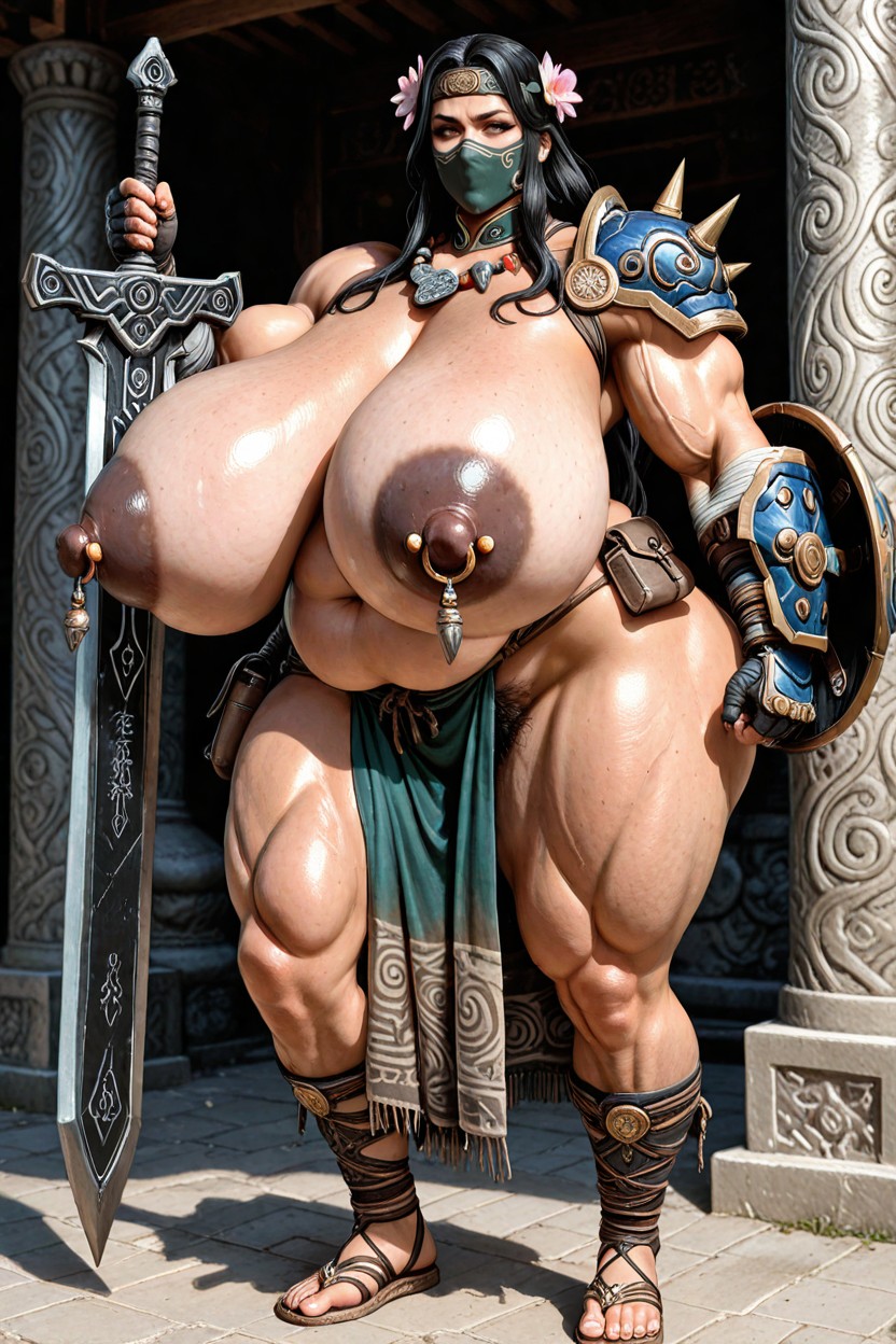 Hyper , Muscular Khmer Folk Female Fighter, Bbw, Thick Cloth Travelling Sandals Asian AI Porn