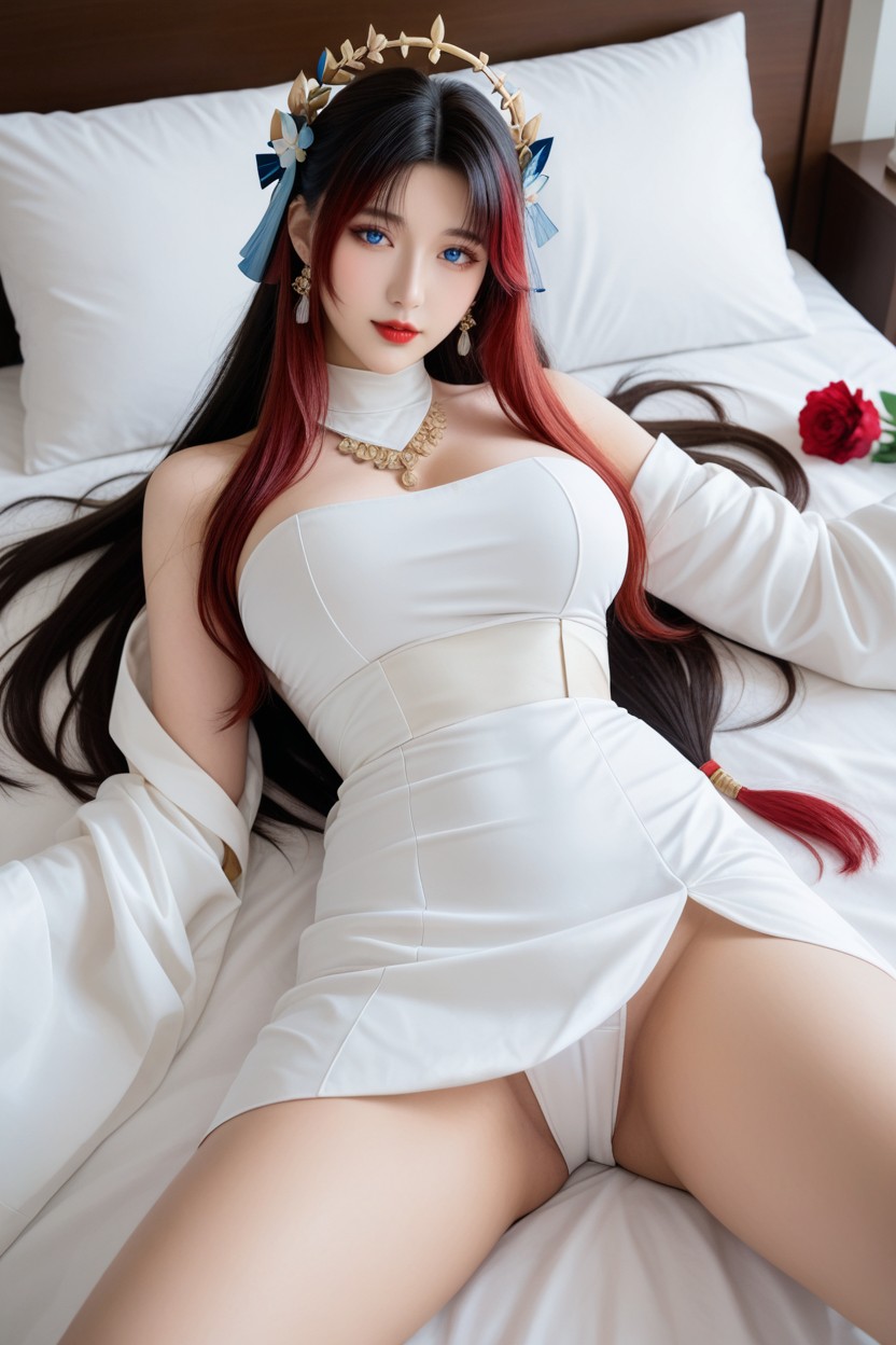 Long Leg, Wearing White Long Sleeve Frilled Blouse, Red Lips Porno asiático IA
