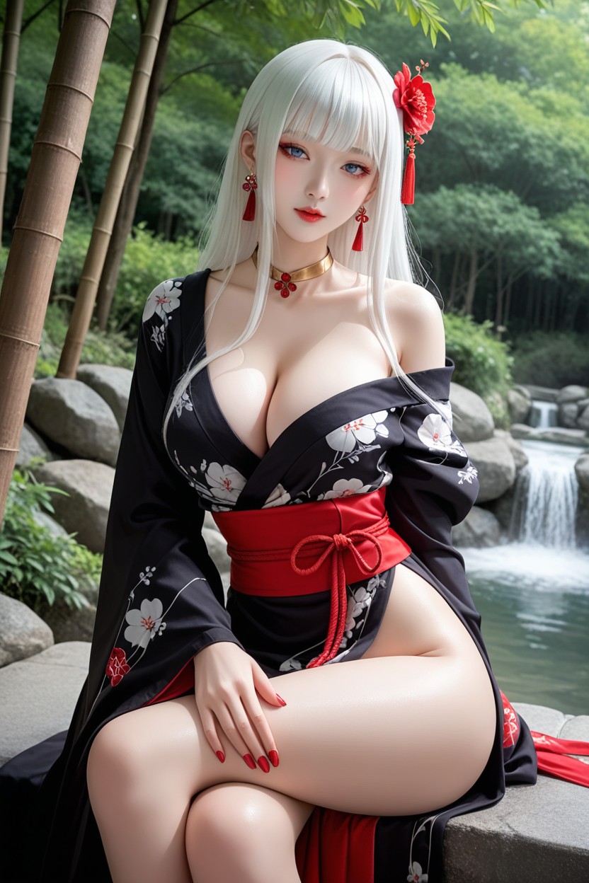 Red Ribbon Earrings, Extremely Perfect Waist And Hip, White Skin Asian AI Porn