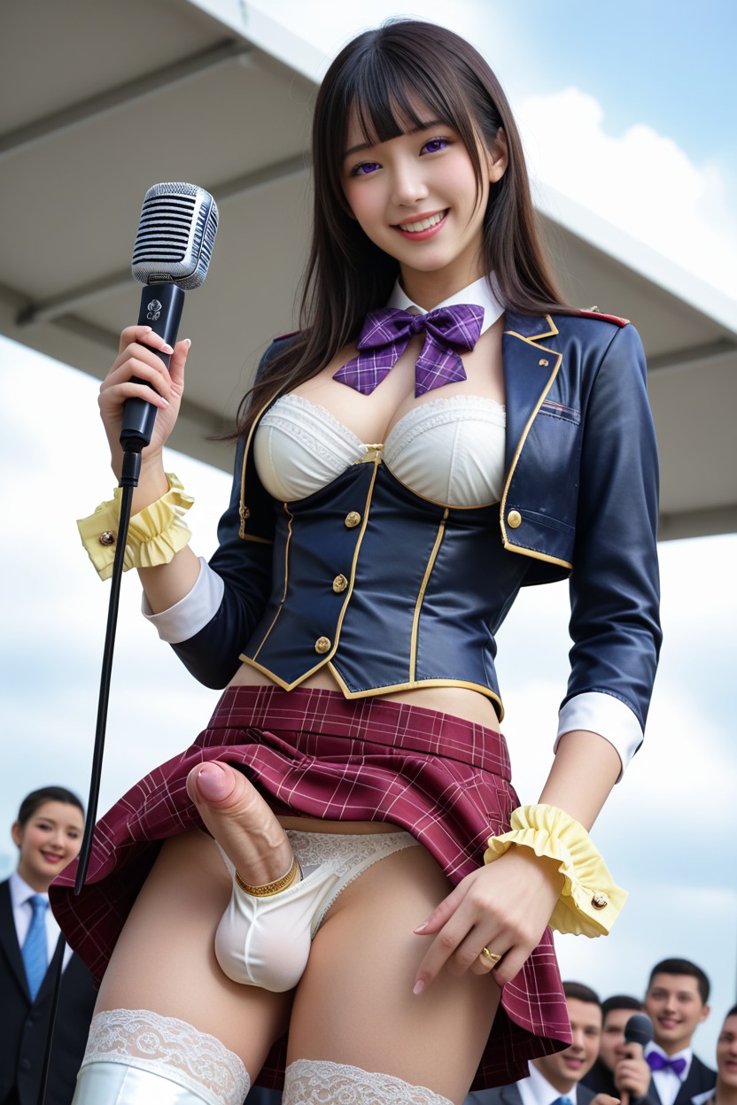 Bow Panties, Showing Testicles Bulge In Panties, Burgundy Plaid Cuffs With Yellow Ruffles Edge Asian AI Porn