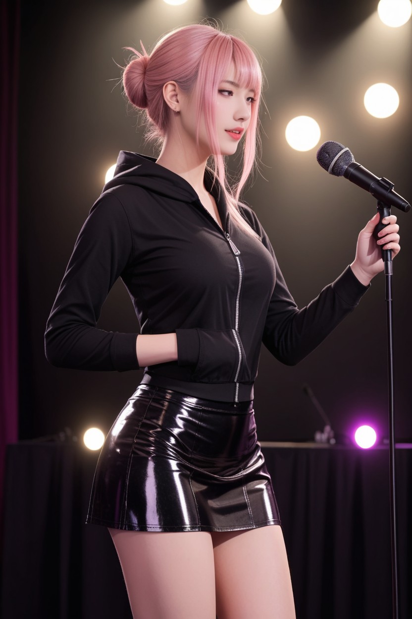 Metallic Silver, Female Singer Performing On Stage She Is Seated On A White, Long-sleeve AI國產黃片
