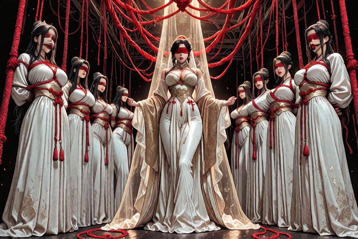 Vista Frontal, Creating Stiflingly Restrictive Contours Her Arms Are Tightly Locked Behind Her Back, Featuring Meticulous Traditional Bridal Makeup Porno asiático IA