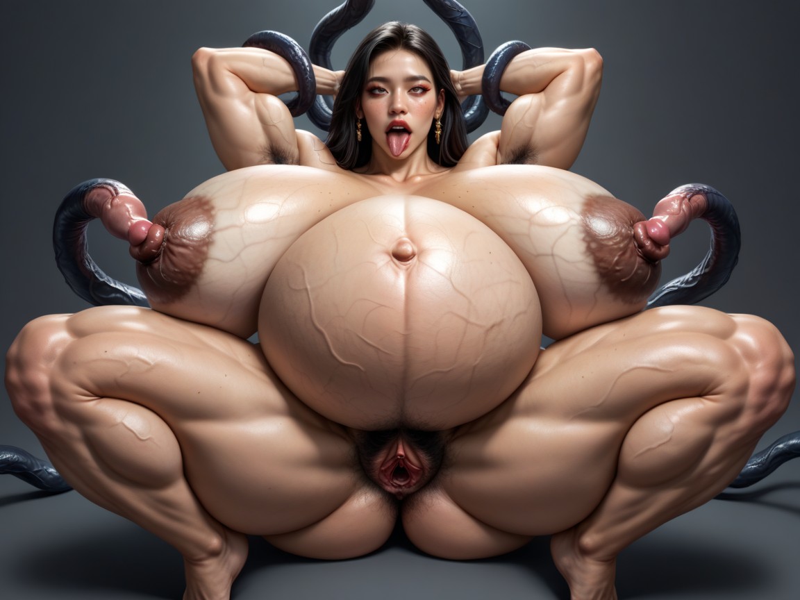 Her Limbs Are Restrained By Tentacles, Extremely Heavy Droopy Breasts, Knees Pointing Outward Porno asiático IA