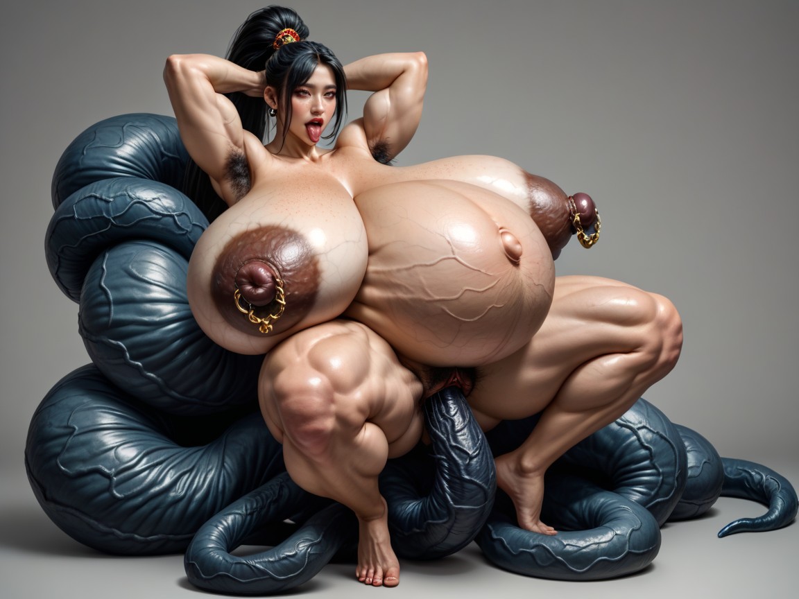 Side View, Excessive Dense Armpit Hair, Her Limbs Are Restrained By Tentacles Porno asiático IA
