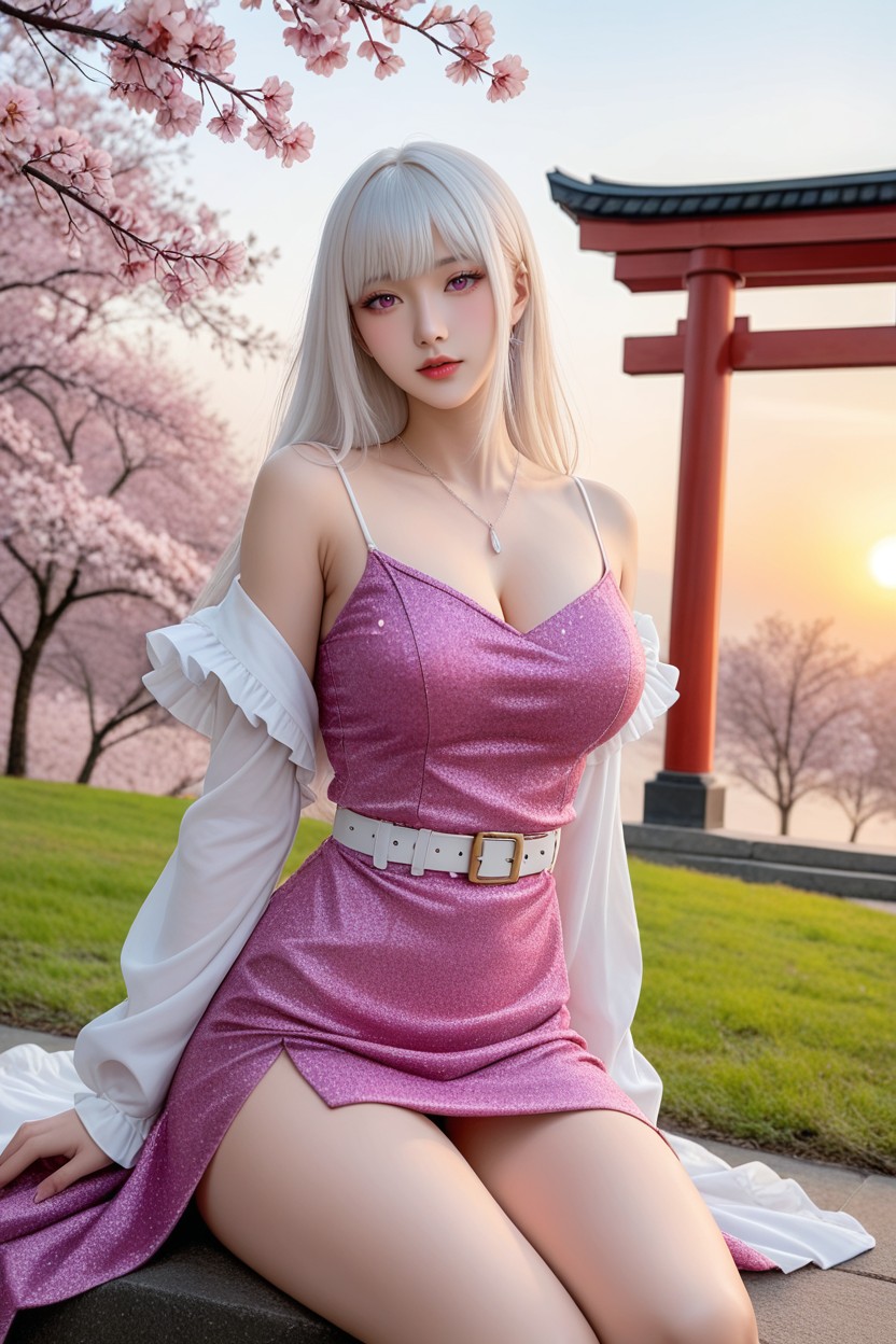 Perfect Waist And Hip, Cherry Blossoms Are Scattered Across The Ground, Perfect Curvy Body Porno asiático IA