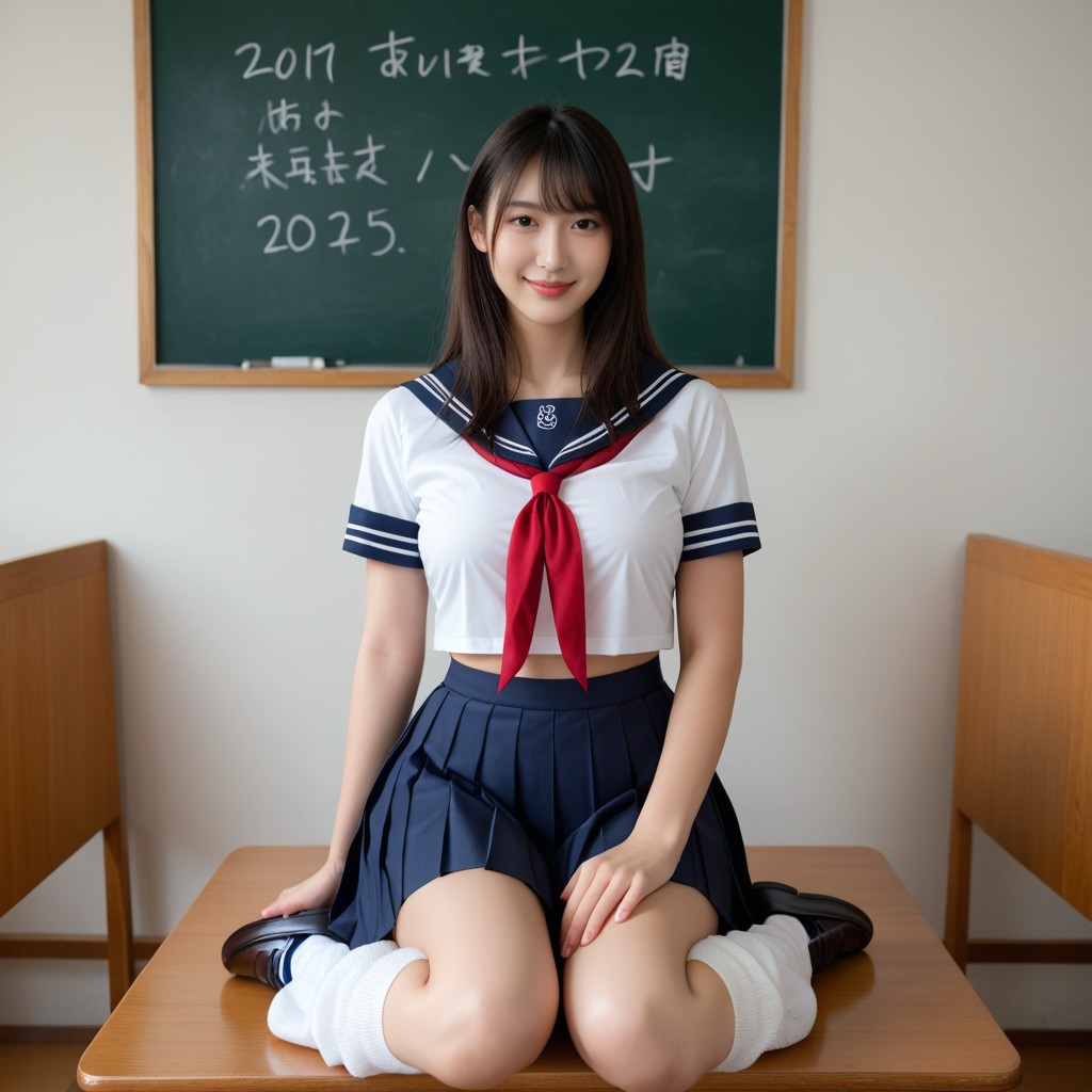 Front View, Dark Blue Sailor Collar, 교실 아시아 AI 포르노