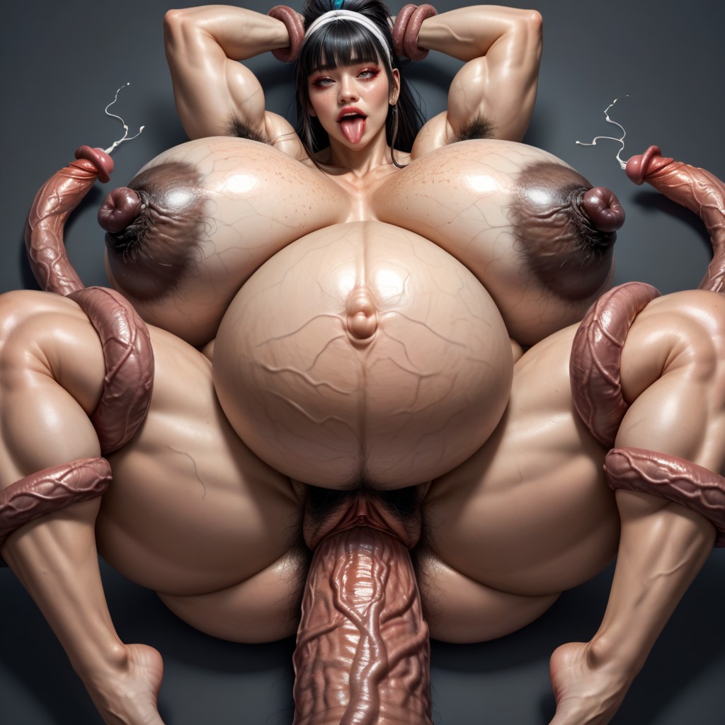 Simple Gray Background, Tongue Out, Huge Thick Muscle Legs Asian AI Porn