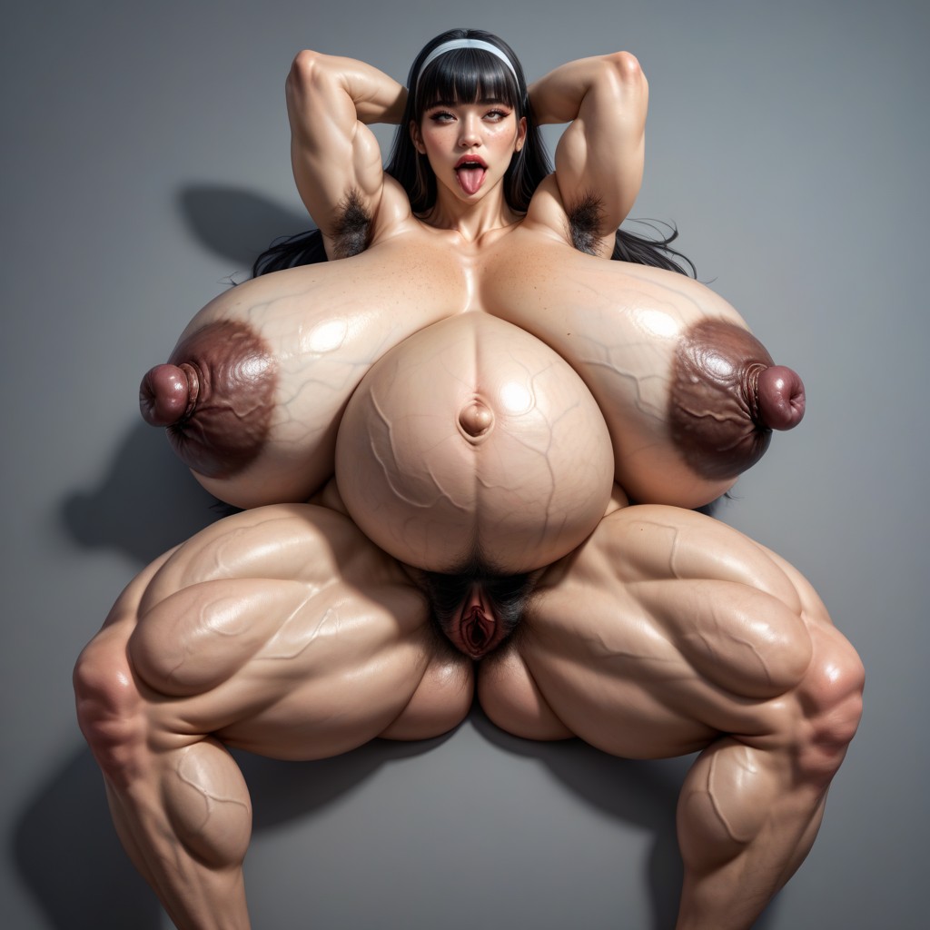Front View, Black Areola, Excessive Dense Armpit Hair Porno asiático IA