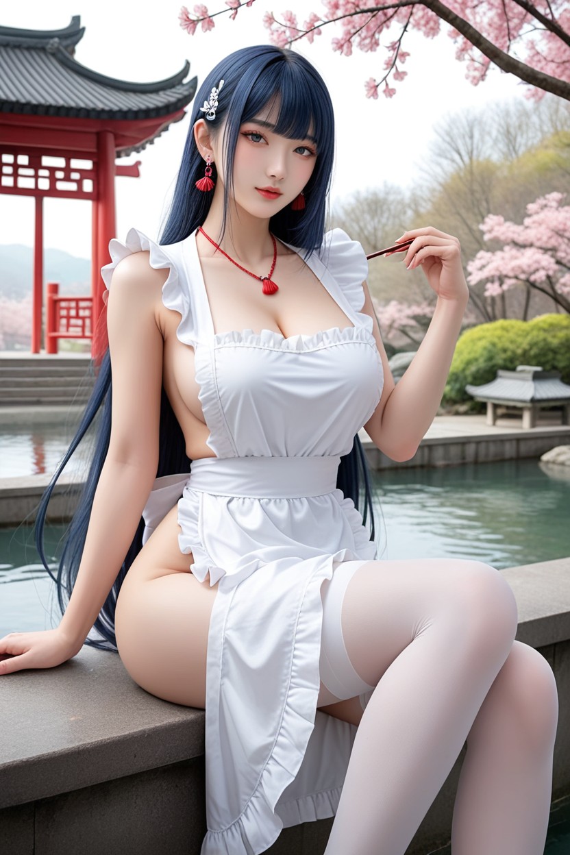 Cherry Blossoms Trees, White Ruffle Apron, Traditional Chinese Hair Accessories Porno IA Asiatique