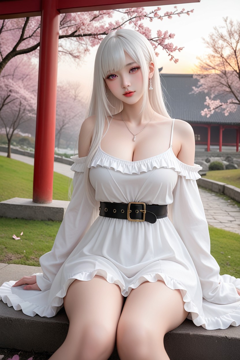 Black Off-shoulder Ruffle Dress With Spaghetti Strap, Moist, Long Hair With Curtain Bangs Asian AI Porn