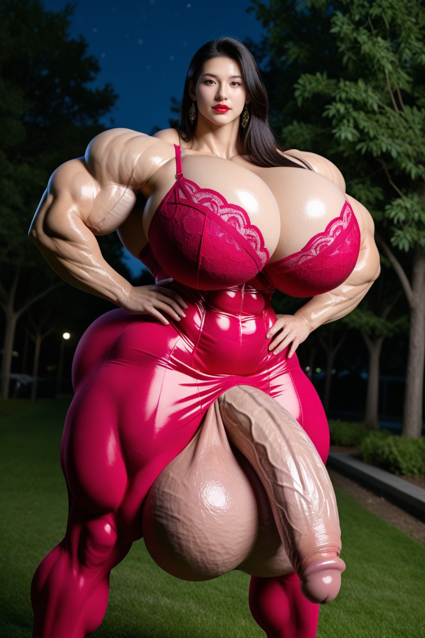 Pink Shiny Stockings,pink Balls Bra, Huge Muscles, 18+ Porno asiático IA