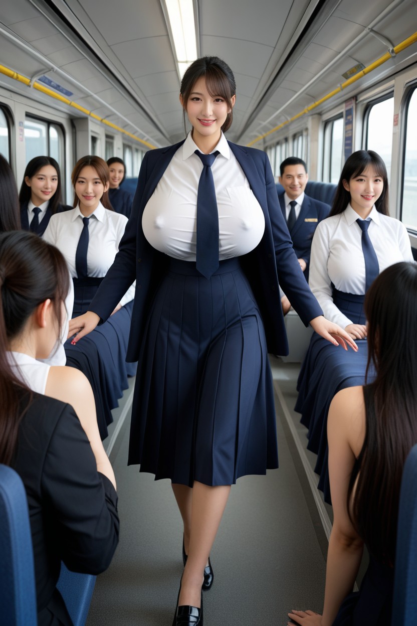 And Long Breasts, Girls, Background Of The Train Full Of Passengers アジアのAIポルノ