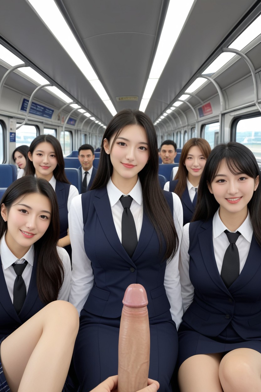 Two Of The Five Women Sit, One On Each Side Of Him, Stark-white Skin 아시아 AI 포르노
