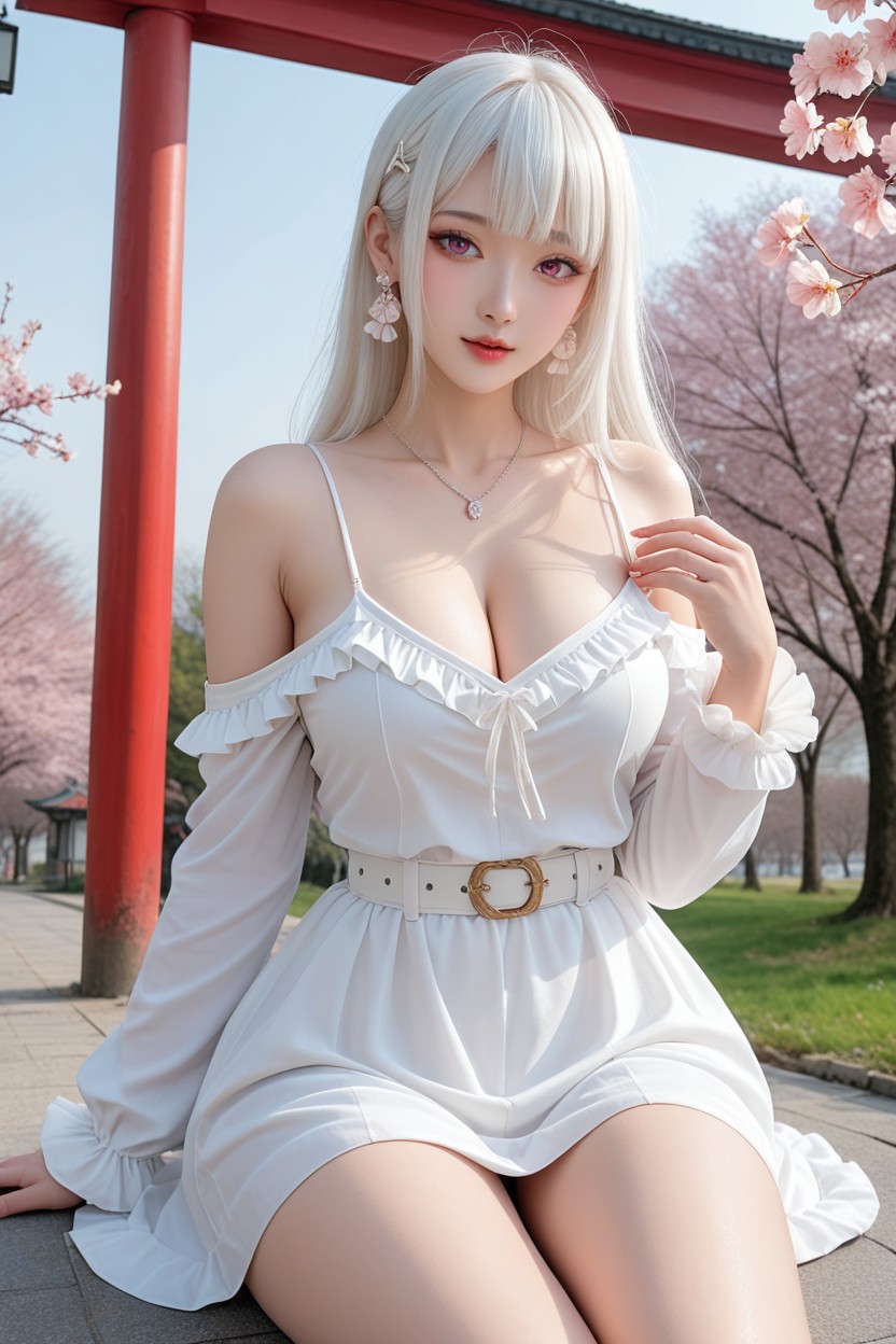 Pink Butterfly Hairpin, White Skin, Cherry Blossoms Tree Porno asiático IA