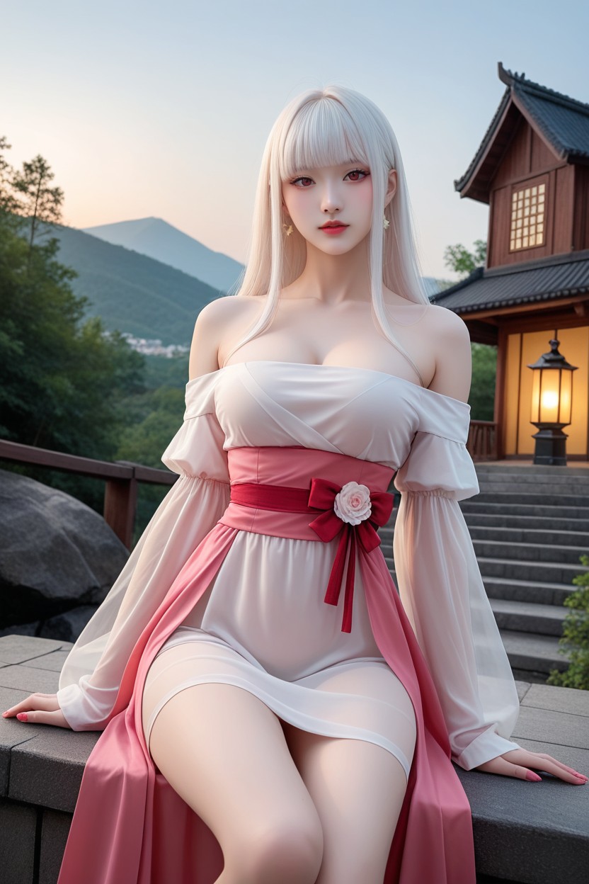 Pink Stocking, Night Sky With Stars, White Hair Asian AI Porn